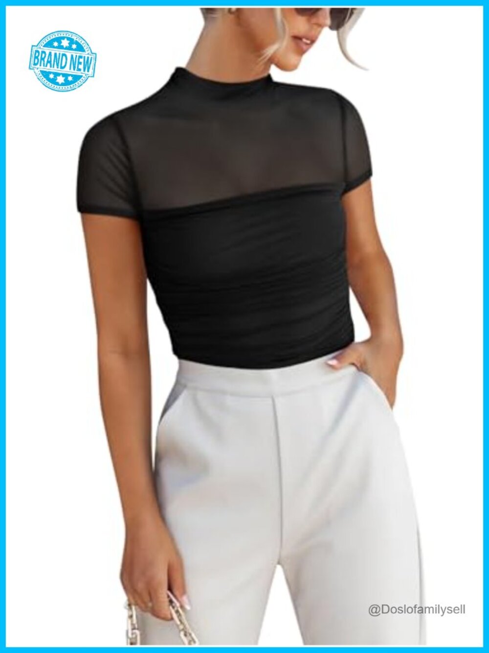 Mock Neck Short Sleeve Mesh Blouse Slim Ruched Going Out Top